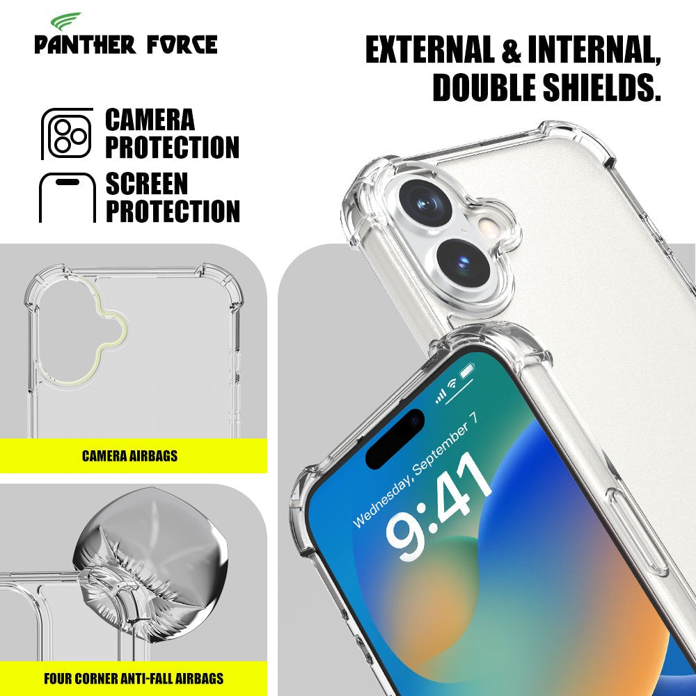 Panther Force Anti-Shock proof clear case for IPhone 16/16e/16Pro/16Plus/16ProMax|Protects all four edges and Both front screen and back Camera lenses|Scratch Resistant| Dust Proof