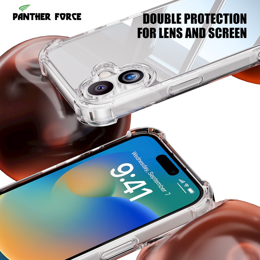 Panther Force Anti-Shock proof clear case for IPhone 16/16e/16Pro/16Plus/16ProMax|Protects all four edges and Both front screen and back Camera lenses|Scratch Resistant| Dust Proof