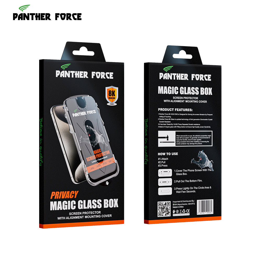PANTHER FORCE 8K MAGIC GLASS BOX SCREEN PROTECTOR WITH PRIVACY & ALIGNMENT MOUNTING COVER FOR iPHONE X/XS/XR to 16PROMAX