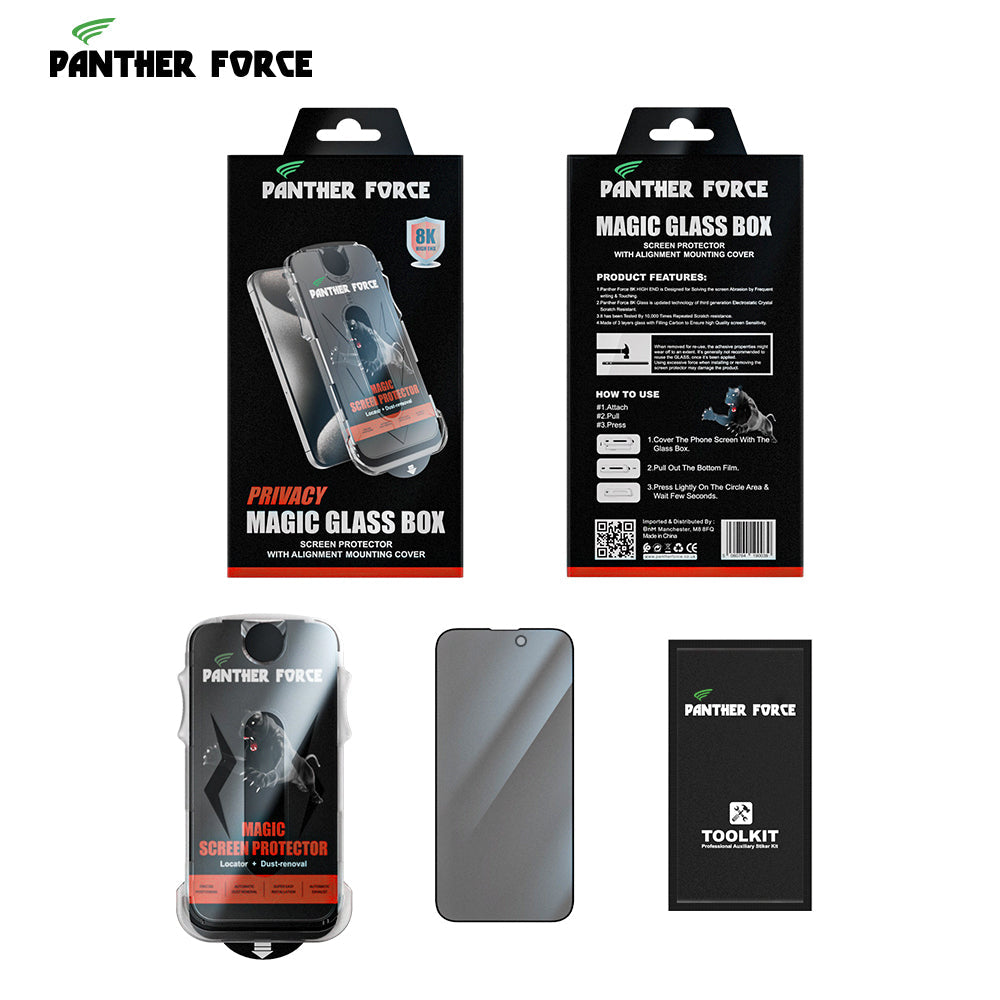 PANTHER FORCE 8K MAGIC GLASS BOX SCREEN PROTECTOR WITH PRIVACY & ALIGNMENT MOUNTING COVER FOR iPHONE X/XS/XR to 16PROMAX