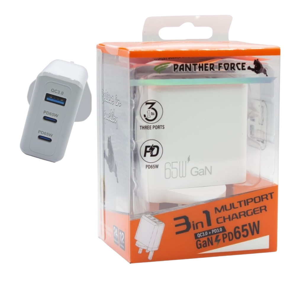 Panther Force 65W Plug with 2* C Port / 1* USB-A Port - Fast Charging for Multiple Devices - PF193