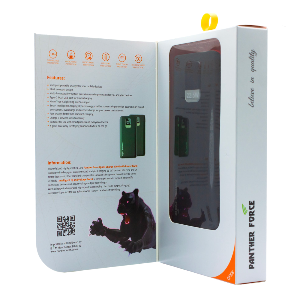 Panther Force PD3.0 20000mAh Power Bank - PF81 //Fast Charging, Dual Output Ports, Compact & Portable, Smart Protection