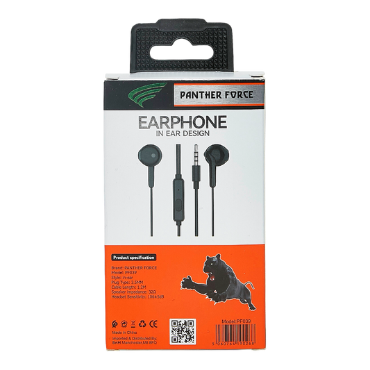 Panther Force Stereo Wired Headphones Black PF39 | Rich Audio, Comfortable Design, Built-In Mic, Universal Compatibility, Durable Build
